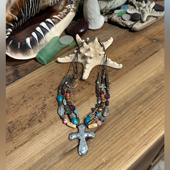 Bohemian Multi-Color Beaded Cross Necklace - Picture 3 of 13